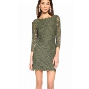 Diane Von FurstenBurg Zarita Olive Green 3/4 Sleeve Lace Dress Size 10
